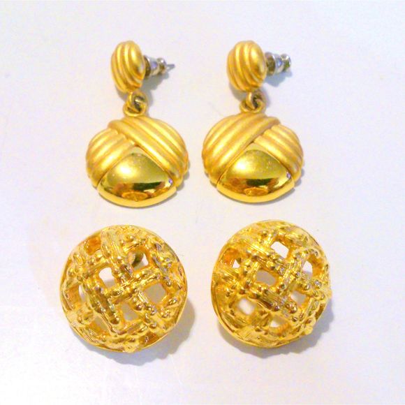 Two Pair of Monet Gold Tone Pierced Statement Earrings - Picture 1 of 4